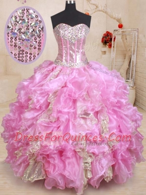 Graceful Sequins Ball Gowns 15th Birthday Dress Lilac Sweetheart Organza Sleeveless Floor Length Lace Up