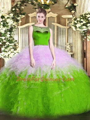 Scoop Sleeveless Tulle Quince Ball Gowns Beading and Ruffles Zipper