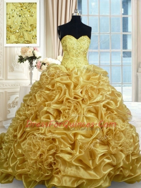 Adorable Sleeveless Organza With Train Sweep Train Lace Up Quinceanera Gowns in Gold with Beading and Pick Ups