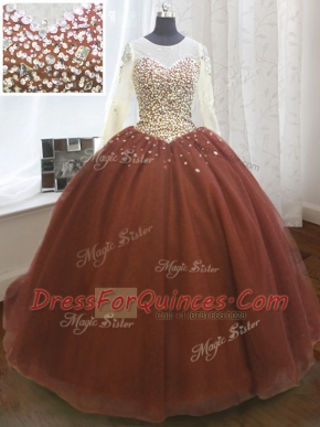 Sequins Scoop Long Sleeves Sweep Train Lace Up Quinceanera Gown Burgundy Organza
