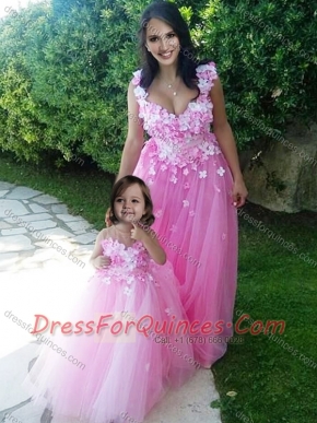 Beautiful Deep V Neckline Prom Dress with Appliques and Hot Sale Rose Pink Little Girl Dress with See Through Scoop