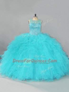 Cheap Aqua Blue Lace Up Scoop Beading and Ruffles Sweet 16 Dress Tulle Sleeveless