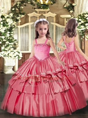 Coral Red Sleeveless Floor Length Appliques and Ruffled Layers Lace Up Pageant Dress