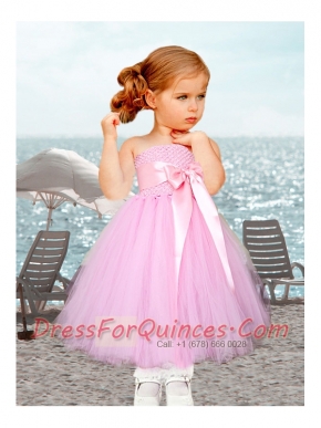 2014 Pretty A-Line Strapless Tea-length Pink Little Girl Dress in Pink