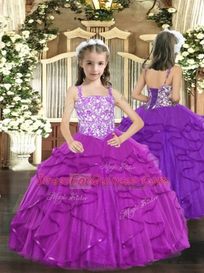 Fashion Purple Tulle Lace Up Kids Pageant Dress Sleeveless Floor Length Beading and Ruffles