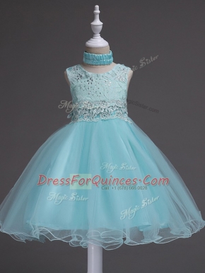 Shining Organza Scoop Sleeveless Zipper Beading and Lace Little Girl Pageant Gowns in Aqua Blue