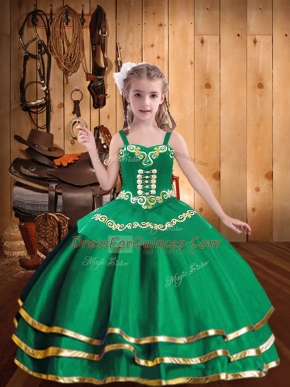 Unique Green Straps Neckline Embroidery and Ruffled Layers Pageant Dress for Girls Sleeveless Lace Up