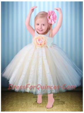 Modest Tulle Straps Ankle-length Little Girl Dress in Champagne