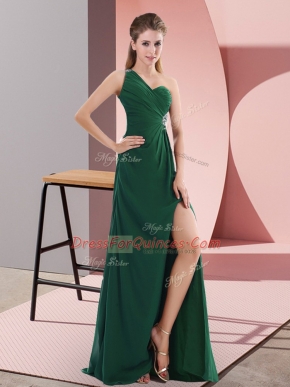 Sleeveless Satin Sweep Train Backless Party Dress in Green with Beading