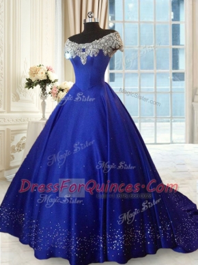 Off the Shoulder Royal Blue Cap Sleeves Beading and Lace Quinceanera Dresses