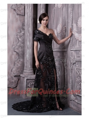 Prom Dress One Shoulder Black Column Brush Train Lace Beading