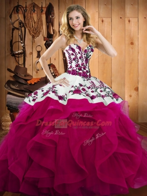 Floor Length Fuchsia Sweet 16 Dress Satin and Organza Sleeveless Embroidery