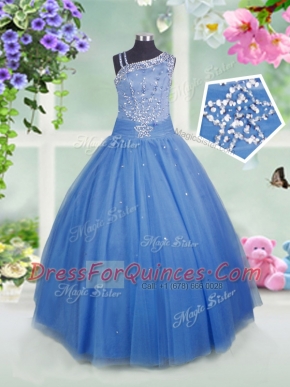 Clearance Baby Blue Ball Gowns Beading Flower Girl Dresses for Less Side Zipper Tulle Sleeveless Floor Length