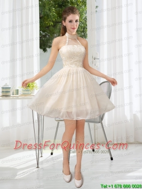 Halter Appliques Lace Up Prom Dress in Champagne