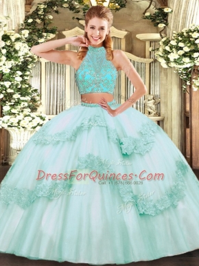 Great Apple Green Halter Top Neckline Beading and Appliques and Ruffles Quinceanera Gowns Sleeveless Criss Cross