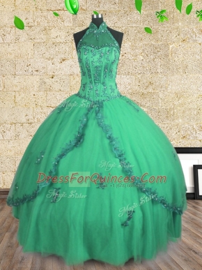 Halter Top Sleeveless Floor Length Beading Lace Up Ball Gown Prom Dress with Turquoise