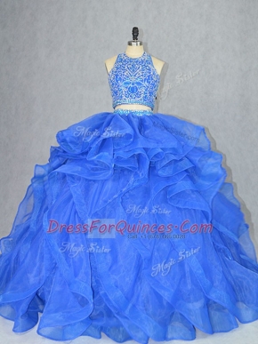Blue Quince Ball Gowns Organza Court Train Sleeveless Beading and Ruffles