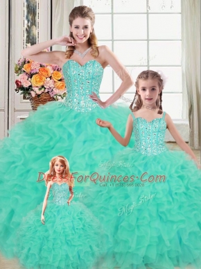 Pretty Beading and Ruffles Quinceanera Dress Turquoise Lace Up Sleeveless Floor Length