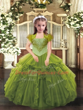Stylish Floor Length Lace Up Kids Pageant Dress Olive Green for Sweet 16 and Quinceanera with Beading and Ruffles