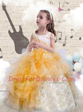 Scoop Orange Lace Up Kids Pageant Dress Beading and Ruffles Sleeveless Floor Length