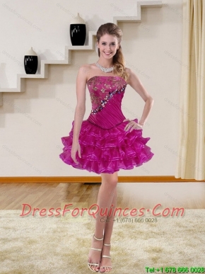 Sexy and Puffy Beading Multi-color Prom Dresses in Fuchsia for 2015