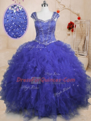 Royal Blue Lace Up Square Beading and Ruffles and Sequins Sweet 16 Dresses Tulle Cap Sleeves