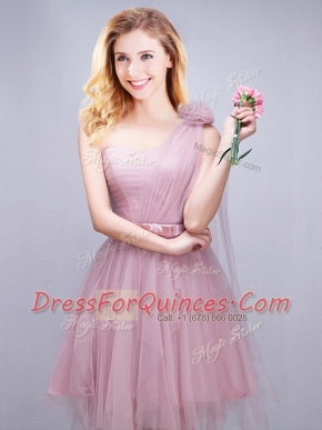 Fashionable Tulle One Shoulder Sleeveless Lace Up Ruching and Bowknot and Hand Made Flower Vestidos de Damas in Pink