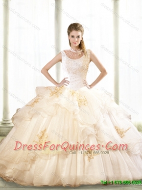 2015 Lovely Beading and Appliques Classical Quinceanera Dresses in Champagne