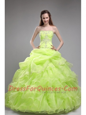 Pretty Yellow Green Beading Strapless Orangza Ruffles Ball Gown Dress
