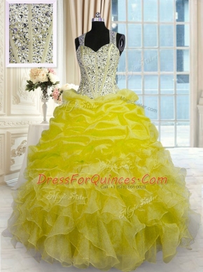 Yellow Zipper Straps Beading and Ruffles Quinceanera Dresses Organza Sleeveless