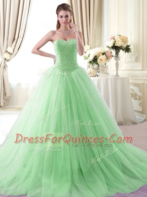 Apple Green Ball Gowns Sweetheart Sleeveless Tulle With Brush Train Lace Up Beading Quinceanera Dress