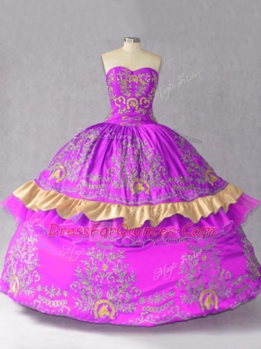 Purple Satin and Organza Lace Up Sweetheart Sleeveless Floor Length 15 Quinceanera Dress Embroidery and Bowknot