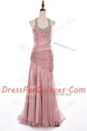 Pink Halter Top Side Zipper Beading Dress for Prom Brush Train Sleeveless