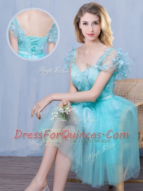 Beauteous Lace and Appliques and Bowknot Damas Dress Aqua Blue Lace Up Short Sleeves Knee Length