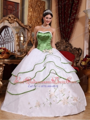 Spring Green and White  Ball Gown Strapless Floor-length Embroidery Organza Quinceanera Dress