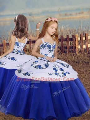 High Class Royal Blue Sleeveless Organza Lace Up Kids Pageant Dress for Party and Wedding Party