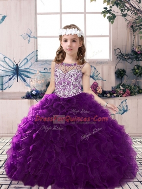 Purple Organza Lace Up Scoop Sleeveless Floor Length Little Girls Pageant Gowns Beading and Ruffles
