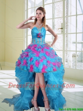 2015 High Low Sexy Strapless Ruffled Prom Dresses with Hand Made Flower