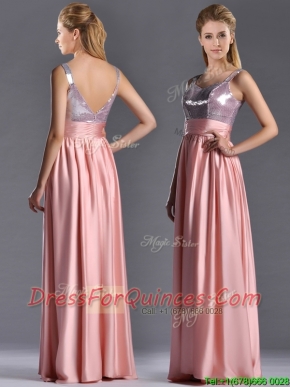 Lovely Empire Straps Zipper Up Peach Prom Dress with Sequins