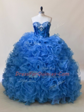 Blue Fabric With Rolling Flowers Lace Up Quinceanera Dresses Sleeveless Floor Length Ruffles and Sequins