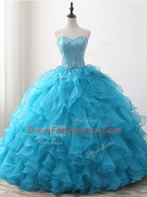 Baby Blue Sleeveless Beading and Ruffles Floor Length Quinceanera Gowns