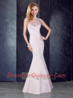 See Through Back Beaded Mermaid Champagne Prom Dress in Satin