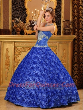 Special Fabric With Rolling Flowers Appliques Ball Gown Dress in Blue