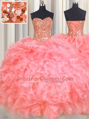 Halter Top Sleeveless Lace Up Floor Length Beading and Ruffles Ball Gown Prom Dress