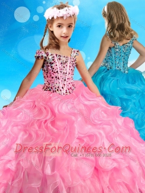 Beautiful Asymmetrical Neckline Rose Pink Mini Quinceanera Dress with Beading and Ruffles