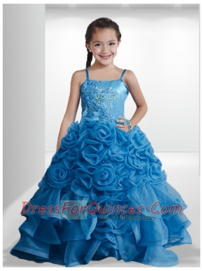 Blue Spaghetti Straps Ball Gown Appliques Little Girl Pageant Dresses for 2014