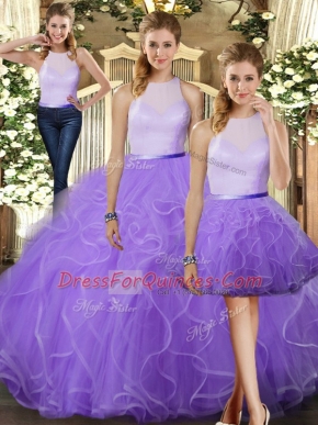 Superior Lavender High-neck Neckline Ruffles Sweet 16 Dress Sleeveless Backless