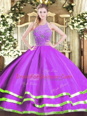 Eggplant Purple Tulle Zipper Vestidos de Quinceanera Sleeveless Floor Length Beading