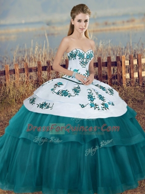 Cute Ball Gowns Ball Gown Prom Dress Teal Sweetheart Tulle Sleeveless Floor Length Lace Up