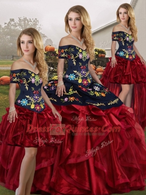 Red And Black Lace Up Off The Shoulder Embroidery and Ruffles 15 Quinceanera Dress Organza Sleeveless